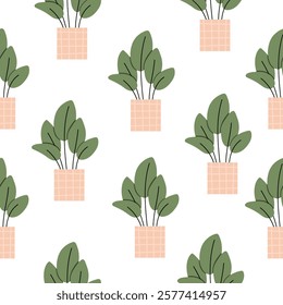 Seamless pattern of houseplants in pink pots with green leaves on a white background"