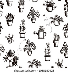 Seamless pattern of houseplants in pots drawn in ink. Vector illustration.