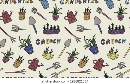 Seamless pattern with houseplants in pots and garden tools. Vector doodle illustration. Home gardening concept