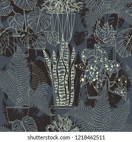 Seamless pattern with houseplants in pots. Hand-drawn vector illustration.