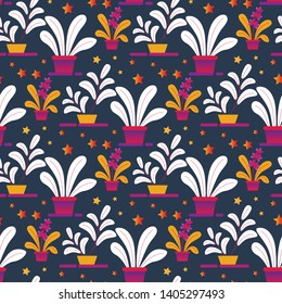 Seamless Pattern Houseplants in Pots on Dark Background with Stars. Cute House Plants Creative Floral Texture for Fabric or Textile. Botanical Ornament, Wallpaper Print. Flat Vector Illustration