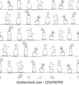 Seamless pattern of houseplants in pots, vector