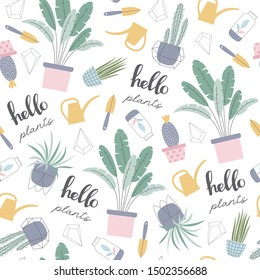 Seamless pattern with houseplants in pots. Vector illustration