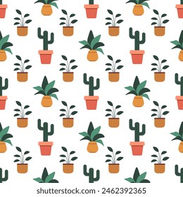 Motif harmonieux de plantes d'intérieur. Cactus pointu. Illustration vectorielle à  plat sur fond blanc. 