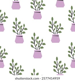 Seamless pattern of houseplants in purple pots with green leaves on a white background