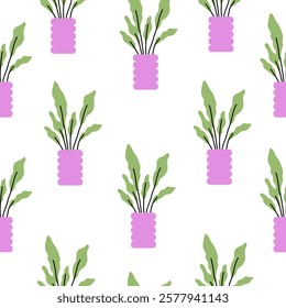 Seamless pattern of houseplants in purple pots with green leaves on a white background