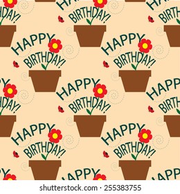 Seamless pattern with houseplants and text Happy Birthday
