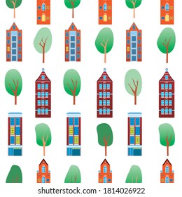 Seamless pattern with houses of amsterdam and green trees in summer or spring as texture. Flat vector stock illustration with vintage sweet european house fossils isolated on white background