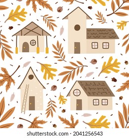 Seamless pattern with houses and autumn leaves. Flat organic style. Brown and beige illustrations on white background. For prints, backgrounds, wrapping paper, textile, linen, wallpaper, etc. 