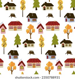 Seamless pattern with houses and autumn trees. Fall background. season backdrop. 