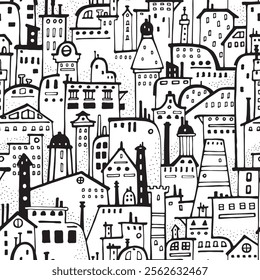 Seamless pattern of houses. Black and white hand drawn vector.