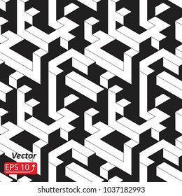 Seamless pattern with houses, buildings, town , city in isometric style. Black and white Abstract 3D background vector illustration