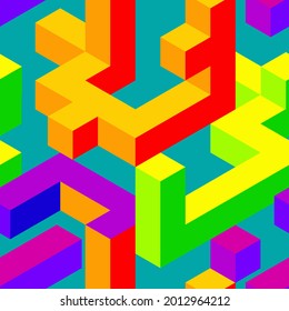 Seamless pattern with houses, buildings, town , city in isometric style. Colorful Abstract 3D background, Kids  bricks, baby cubes,  vector illustration 