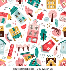 Seamless pattern. Houses, buildings, trees, bridges. Children's vector illustration in modern style.