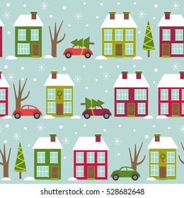 seamless pattern with houses and cars in winter time - vector illustration, eps
