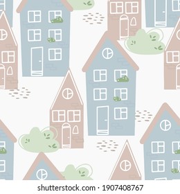 Patrón sin foco con casas en estilo de caricatura sobre un fondo blanco. Ilustración vectorial para papel impreso, textil, papel tapizado, papel envolvente.