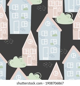 Patrón sin foco con casas en estilo de caricatura sobre un fondo negro. Ilustración vectorial para papel impreso, textil, papel tapizado, papel envolvente.