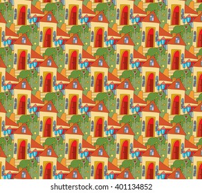 seamless pattern with houses in cartoon style. template children's packages, fabric, cover