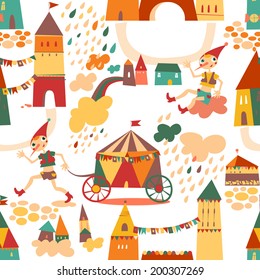 Seamless pattern with houses for childrens background. Vintage color. Seamless pattern