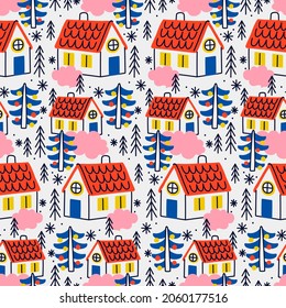 Seamless pattern with houses and christmas trees. Great for fabric, textile, wrapping paper. Vector Illustration