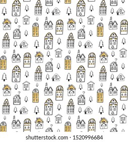 Seamless pattern with houses and Christmas trees.Vector illustration for your design.