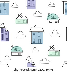 seamless pattern with houses and clouds