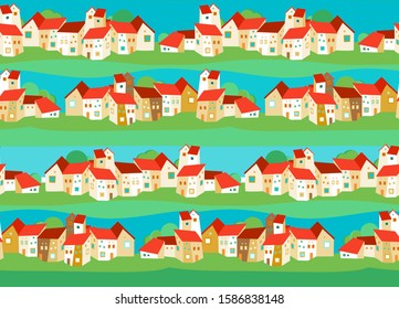 Seamless pattern with houses, coastal village