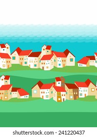 Seamless pattern with houses, coastal village