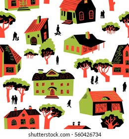 Seamless pattern with houses. Cute town vector illustration. Architecture background with doodle cute buildings and trees and people. Simply cartoon drawing