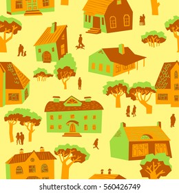 Seamless pattern with houses. Cute town vector illustration. Architecture background with doodle cute buildings and trees and people. Simply cartoon drawing