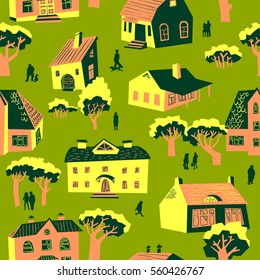 Seamless pattern with houses. Cute town vector illustration. Architecture background with doodle cute buildings and trees and people. Simply cartoon drawing