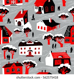 Seamless pattern with houses. Cute town vector illustration. Architecture background with doodle cute buildings and trees and people. Simply cartoon drawing