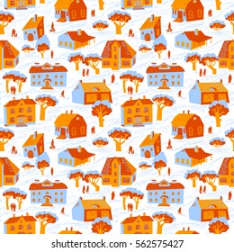 Seamless pattern with houses. Cute town vector illustration. Architecture background with doodle cute buildings and trees and people. Simply cartoon drawing
