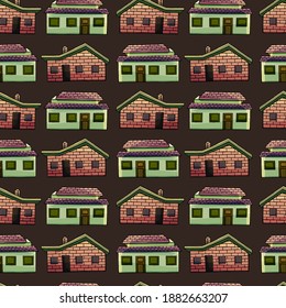 Seamless pattern of houses, dark background, homes, cartoon style, blue, modern, house, backdrop, wallpaper, gift paper, typography, cloth, fabric, shop, magazine, fashion, construction, home, house