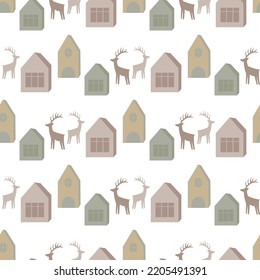 Seamless pattern with houses and deer. Pattern in boho style. Scandinavian style. Christmas pattern. Vector pattern.