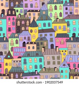 Seamless pattern with houses of different colors. Town houses and streets, roofs of building