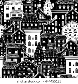 Seamless pattern with houses, doodle house vector background, monochrome house wallpaper, good for design fabric, wrapping paper, postcards, EPS 8