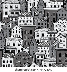 Seamless pattern with houses, doodle house vector background, monochrome house wallpaper, good for design fabric, wrapping paper, postcards, EPS 8