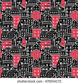 Seamless pattern with houses, doodle house vector wallpaper, monochrome background with red accents, good for design fabric, wrapping paper, postcards, EPS 8