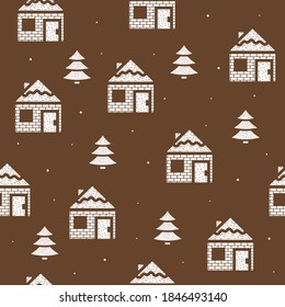 Seamless pattern of houses and fir trees in flat style on a brown background