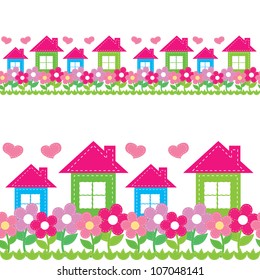 seamless pattern of houses and flowers