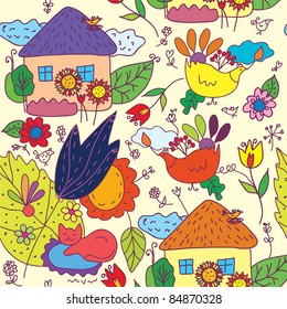 Seamless pattern with houses, flowers, birds in ethnic style