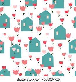 Seamless pattern with houses and flowers on white background. Spring wrapping paper. Hand drawn Vector illustration. Children texture.