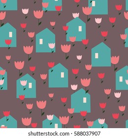 Seamless pattern with houses and flowers. Spring wrapping paper. Hand drawn Vector illustration. Children texture.