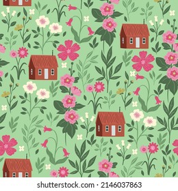 Patrón sin foco con casas y flores. Gráficos vectoriales.