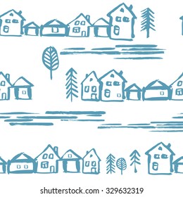 Seamless  pattern with houses. Hand drawn background. EPS8.