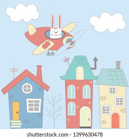 Seamless pattern with houses, hare and plane in cartoon style. Background for printing, textiles, fabric. Vector design.