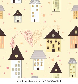 Seamless pattern of houses and hearts,illustration in vector