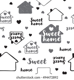 Seamless pattern with houses and inscriptions. Vector template for prints, textile, wrapping paper.