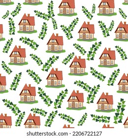 Seamless pattern with houses and ivy branches, plants, English old house, Scandinavian traditions.